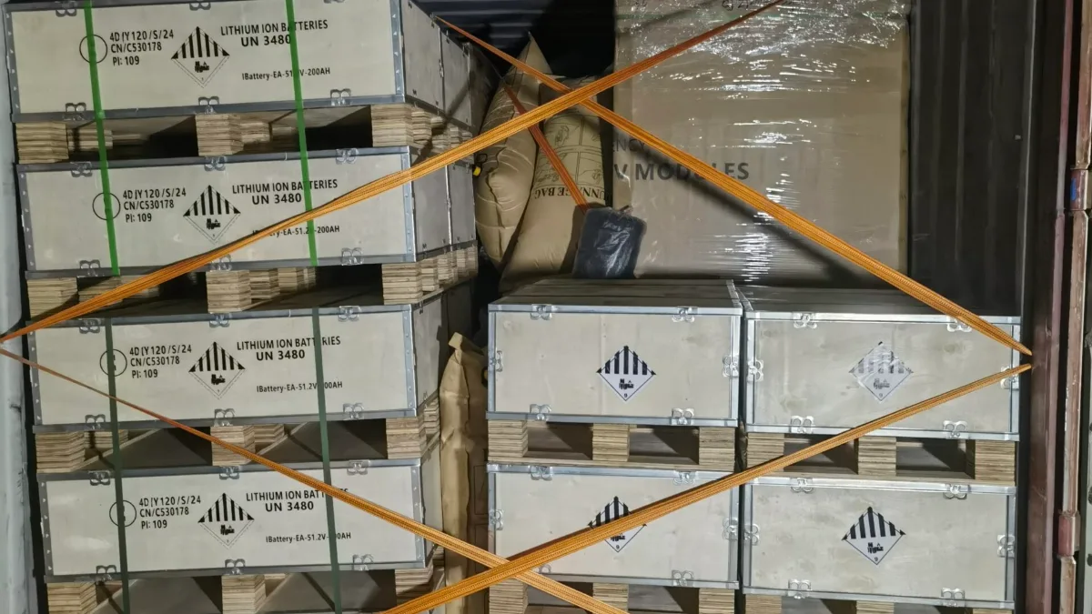 Pallets of lithium-ion batteries (UN 3480, Class 9) secured with lashing straps and air bags in a container