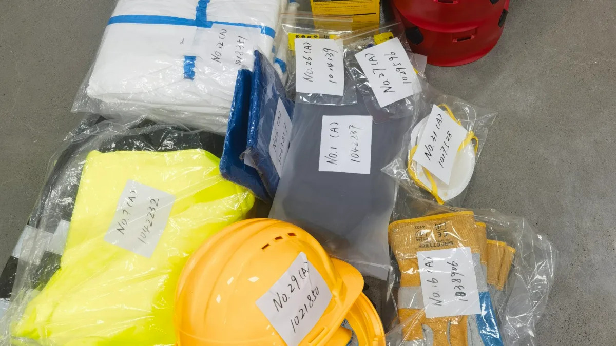 PPE samples: helmets, coveralls, gloves and hi-vis vest