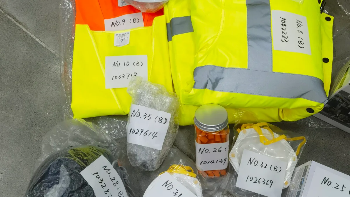 PPE samples: hi-vis jackets, safety helmets and caps labelled for approval