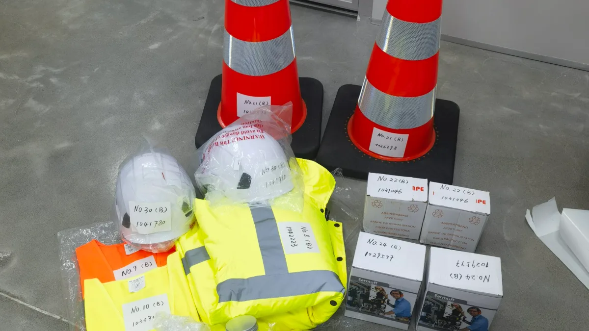 PPE samples: traffic cones, helmets, safety vests and labelled items