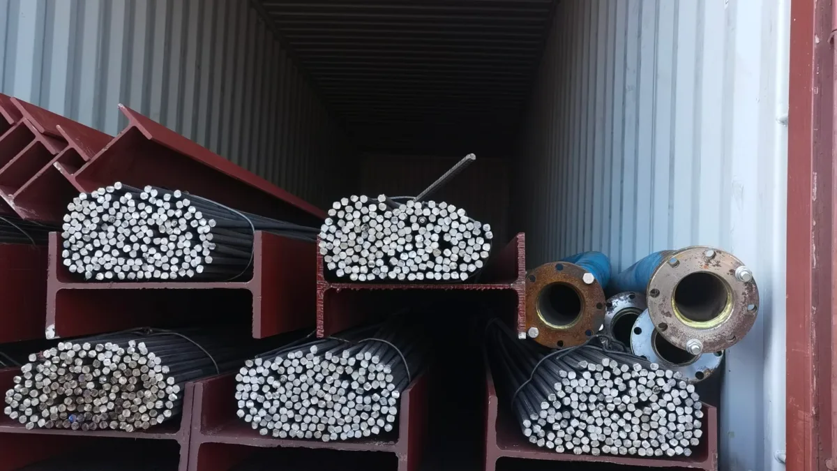Steel bars, beams and flanged pipes loaded in a container